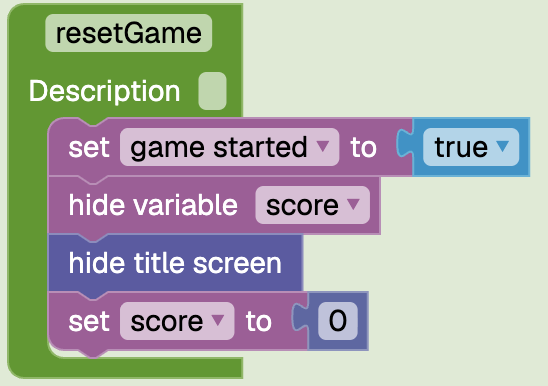 Define resetGame Function